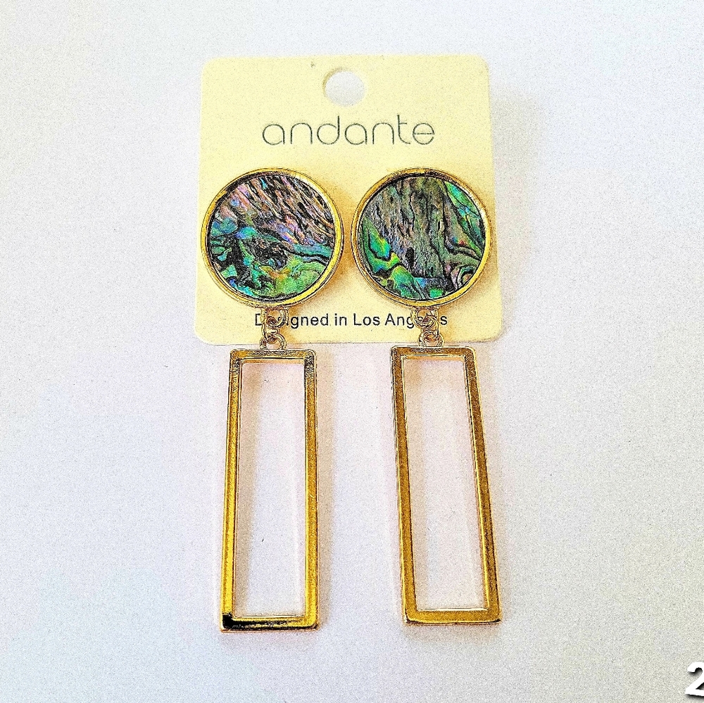 NEW! Andante, Abalone Shell Circle w/Open Rectangular Drop Earrings in Goldtone